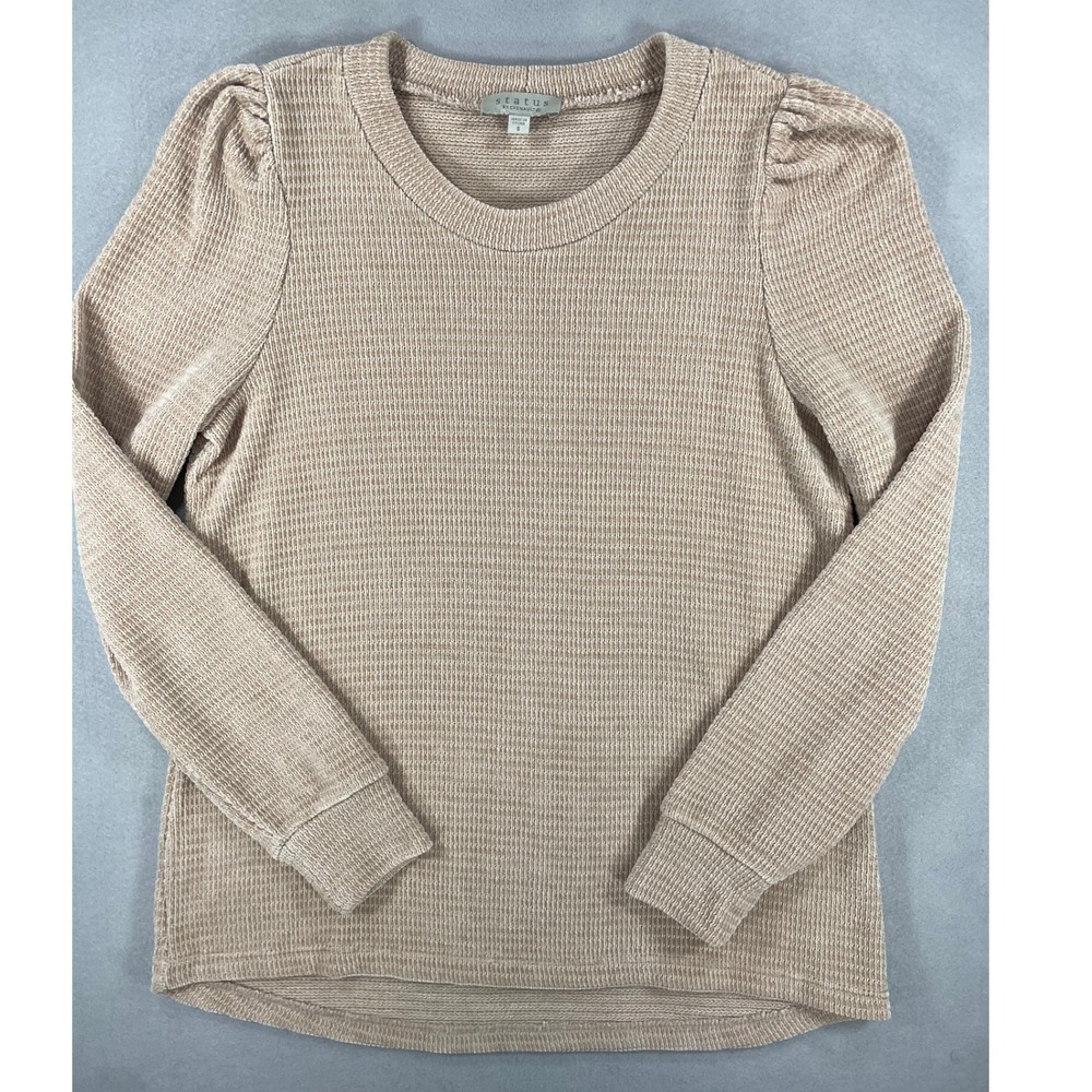STATUS By Chenault Marled Knit Puffed Sleeve Pullover Beige Tan Small